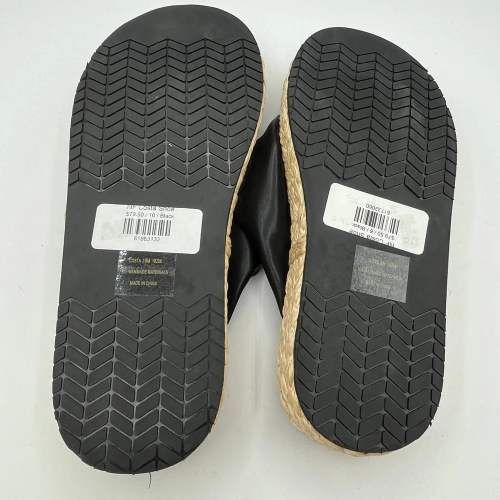 New Naked Feet Costa Black Platform Thong Sandals Knotted Raffia Slides Wms 10